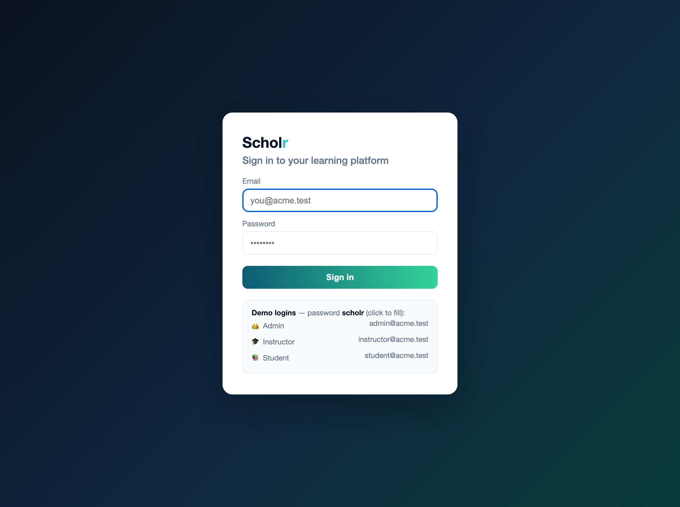 The Scholr login screen: a Spring Security form login with email and password fields and three demo accounts (admin, instructor, student) that fill the form on click, served server-side by the Spring Boot application.