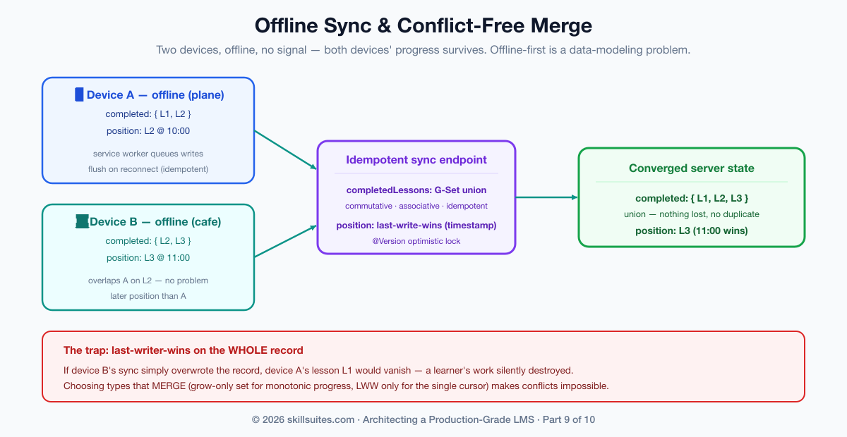 The offline sync and conflict-resolution flow: a learner downloads a course via the service worker and makes progress offline on two devices; on reconnect each device pushes a batch to the idempotent sync endpoint; the server merges completed lessons by grow-only-set union (conflict-free) and resolves the single position cursor by last-write-wins on timestamp, so both devices' work survives and re-syncing a batch changes nothing.