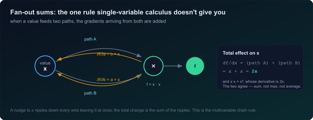 Diagram: a value x feeds both inputs of a multiply node along two paths; during the backward pass the gradient from each path returns to x and the two are summed to give 2x.